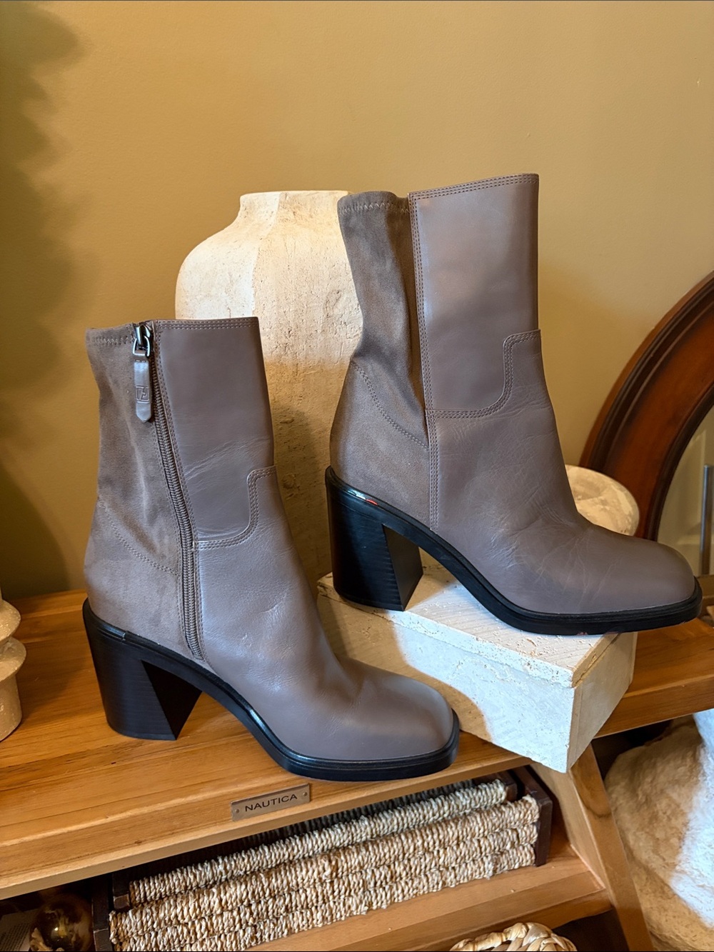 Franco Sarto Taupe Leather Mid-Calf Block Heel Boots